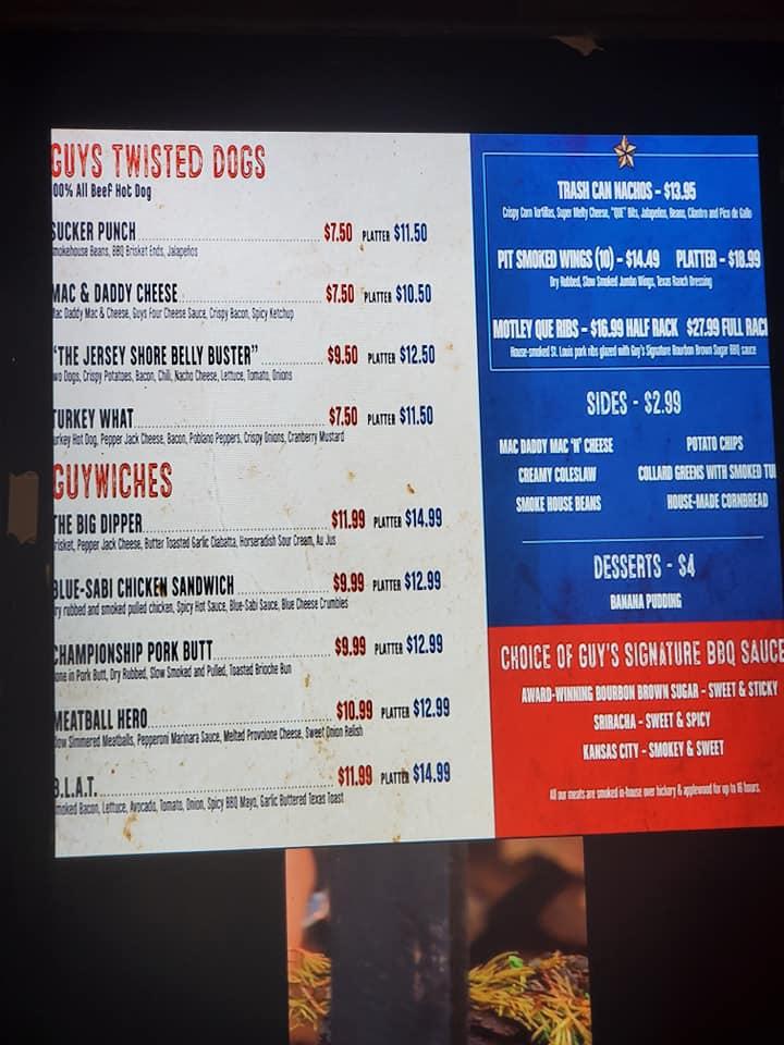 Menu at Guy's BarBQue Joint, Atlantic City