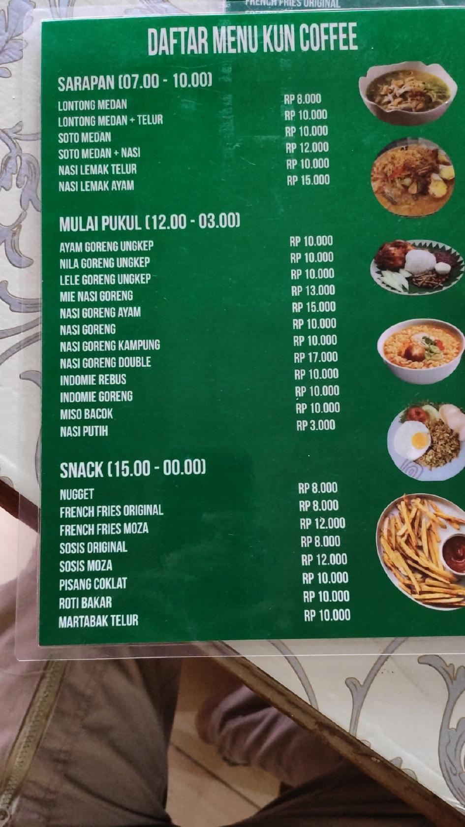 Menu at Kun Coffee Khas Bagan cafe, Pekanbaru