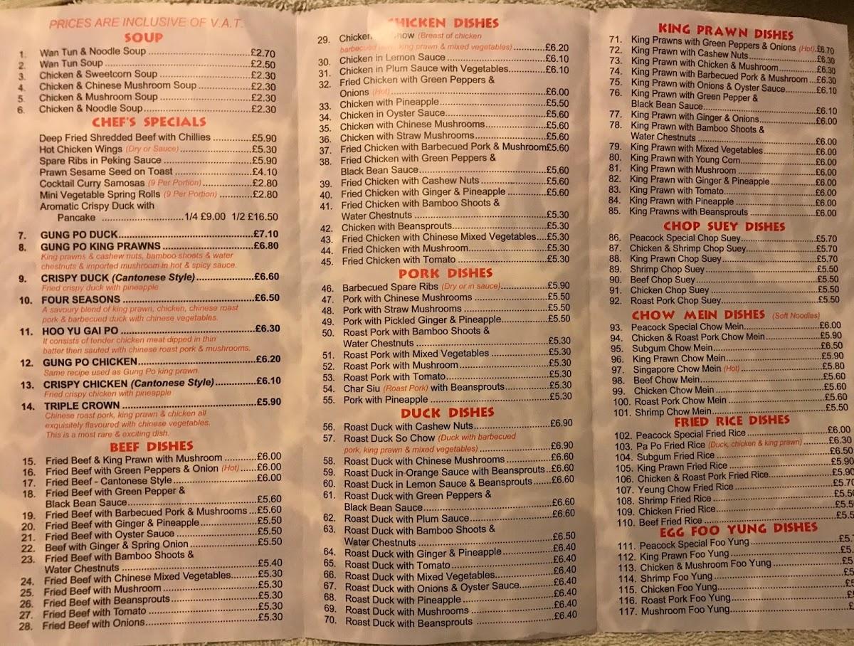 Menu at The Peacock fast food, Droitwich Spa