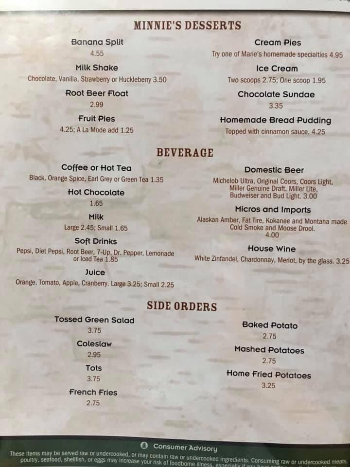 Menu at Minnie's Montana Cafe, Thompson Falls