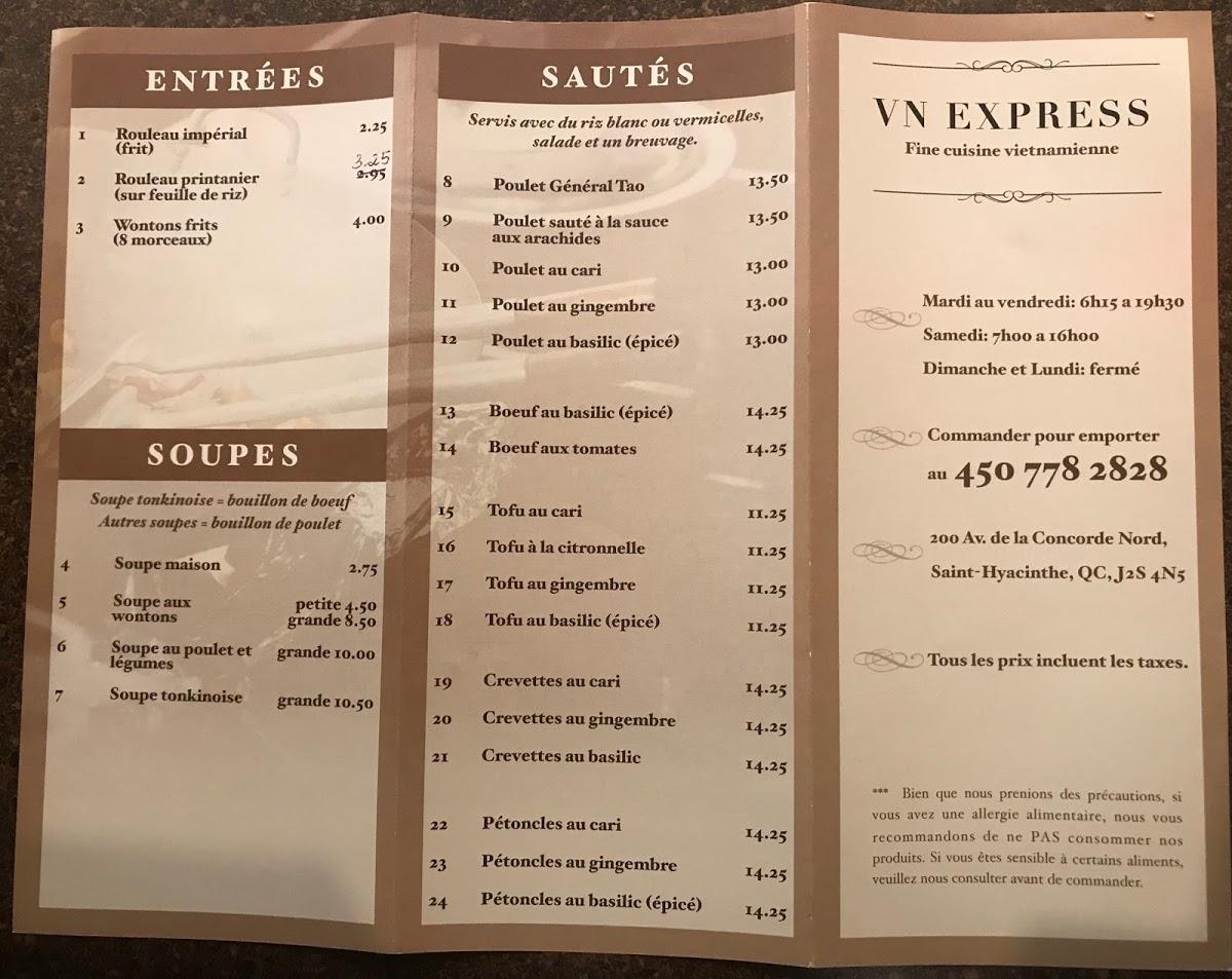 Menu au Restaurant vietnamien V.N. Express, SaintHyacinthe