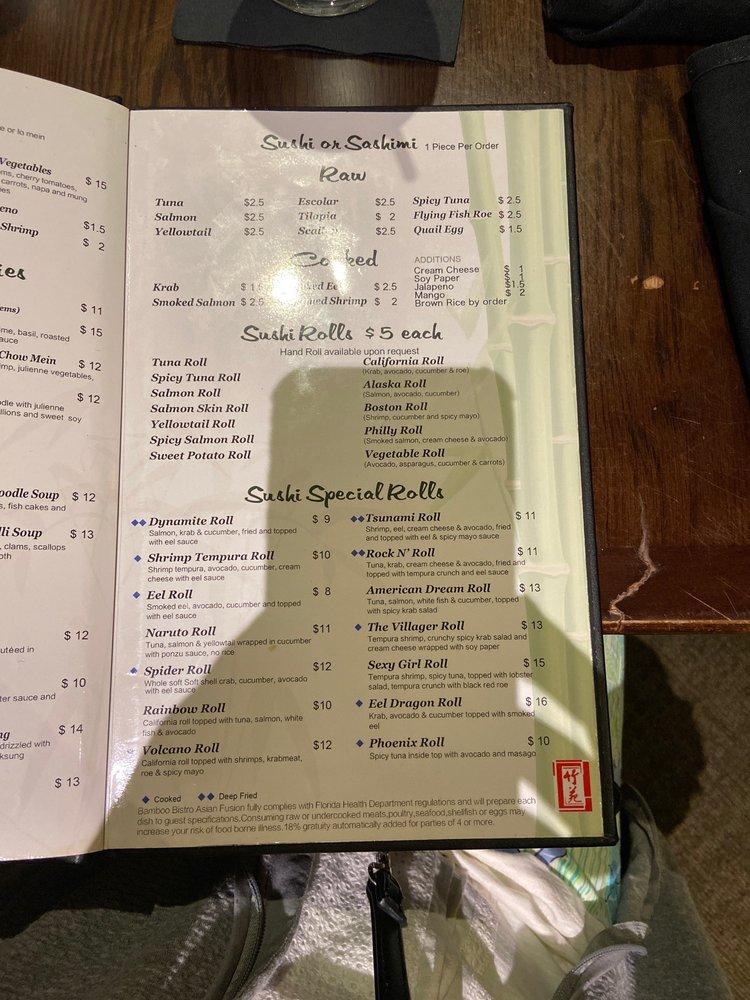 Menu at Bamboo Bistro restaurant, Lady Lake, 700 US441
