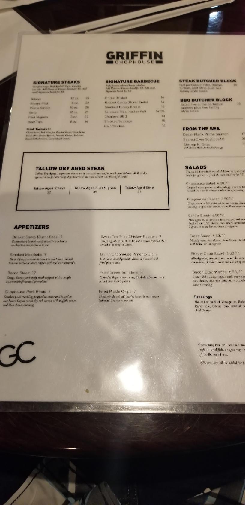 Menu at Griffin Chophouse BBQ, Lexington