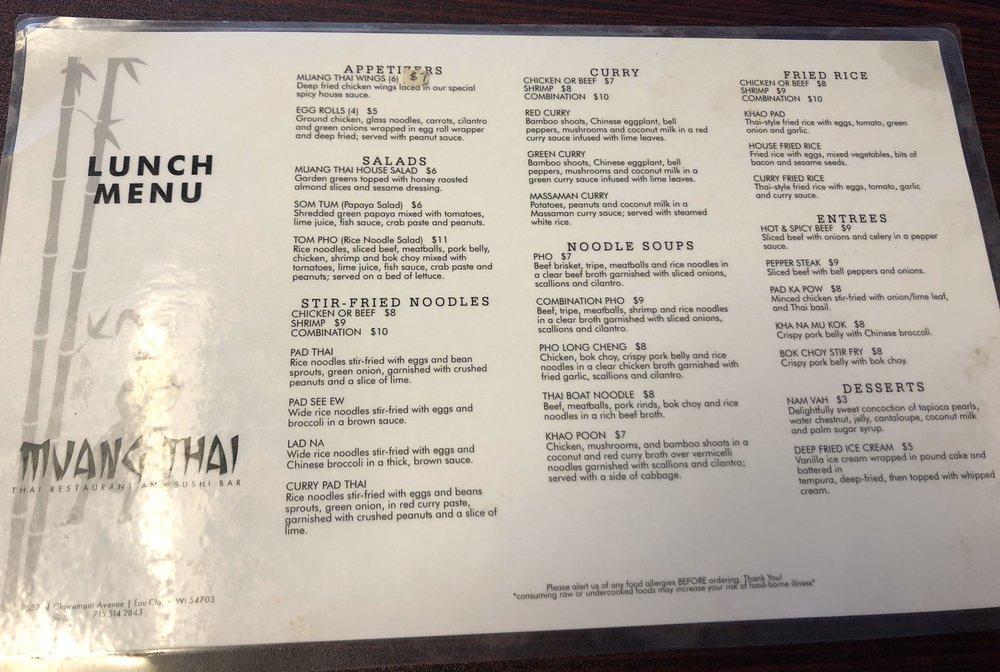 Menu at Muang Thai Restaurant & Sushi, Eau Claire