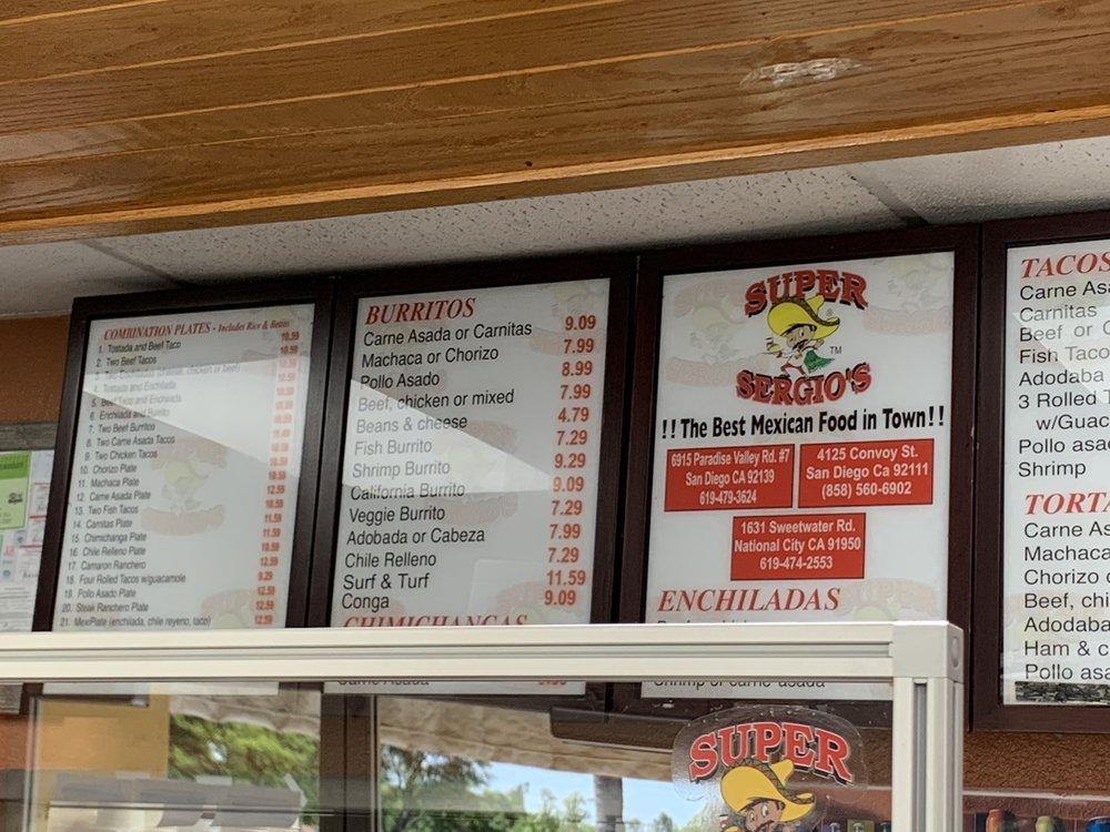 Menu at Super Sergio's restaurant, National City, Sweetwater Rd
