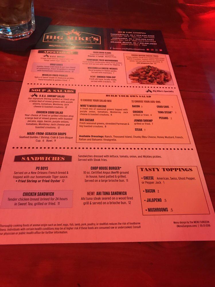 Menu at Big Mike's Steakhouse Orange Beach, Orange Beach