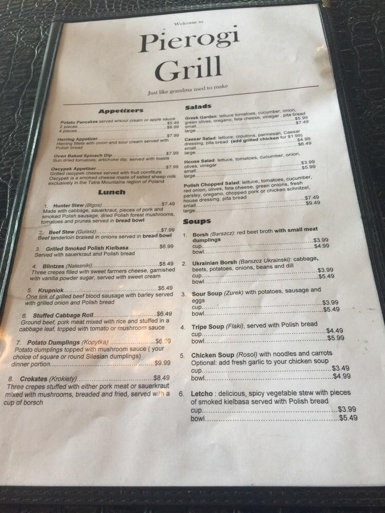 Menu at Pierogi Grill restaurant, Clearwater