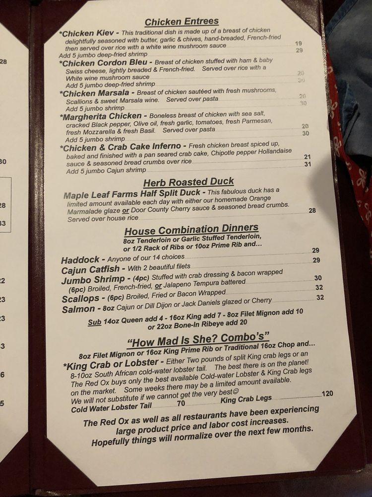 Menu at Red Ox steakhouse, Appleton