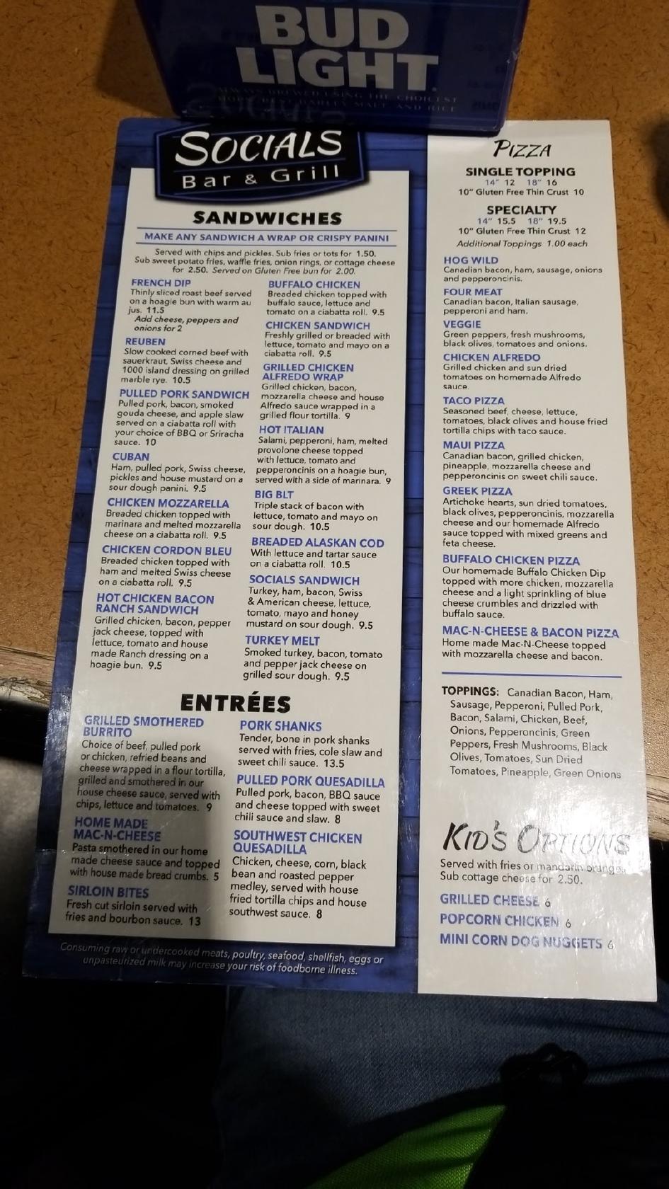 Menu at Socials Bar & Grill, Fergus Falls
