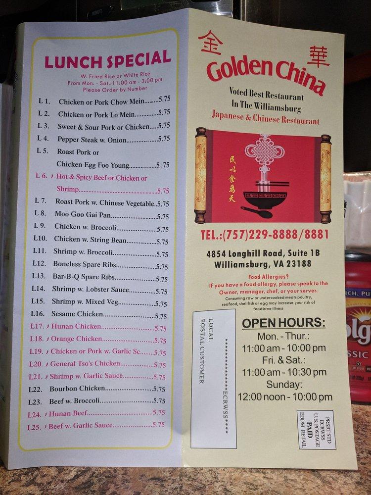 Menu at Golden China Chinese and Japanese Restaurant, Williamsburg