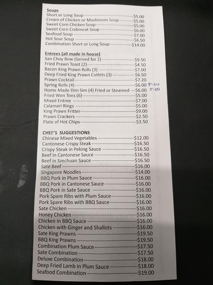 Menu At Ming Hing Restaurant Dubbo