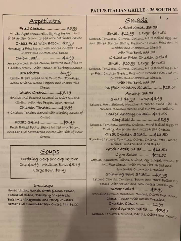 Menu at Paul's Italian Grille pizzeria, Columbiana