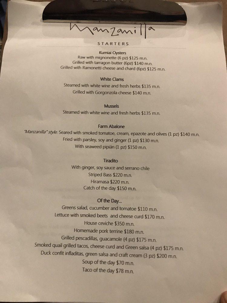 Carta del restaurante Manzanilla, Ensenada, Av. Teniente José Azueta 139