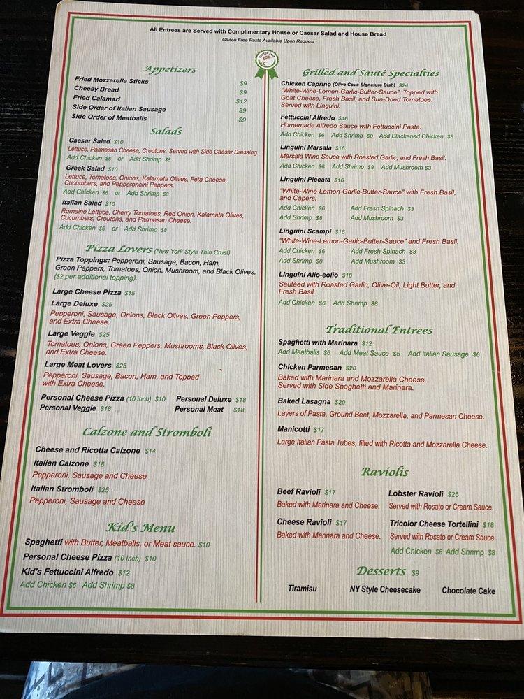 Menu at Olive Cove Italian Kitchen restaurant, Yulee