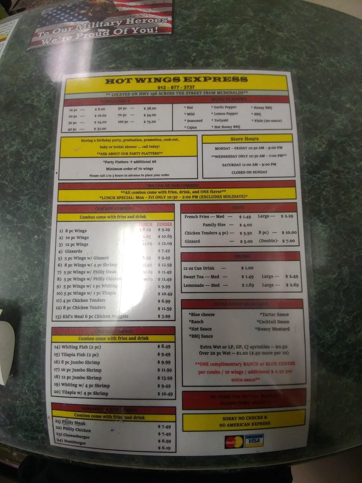 Menu at Hot Wings Express fast food, Hinesville