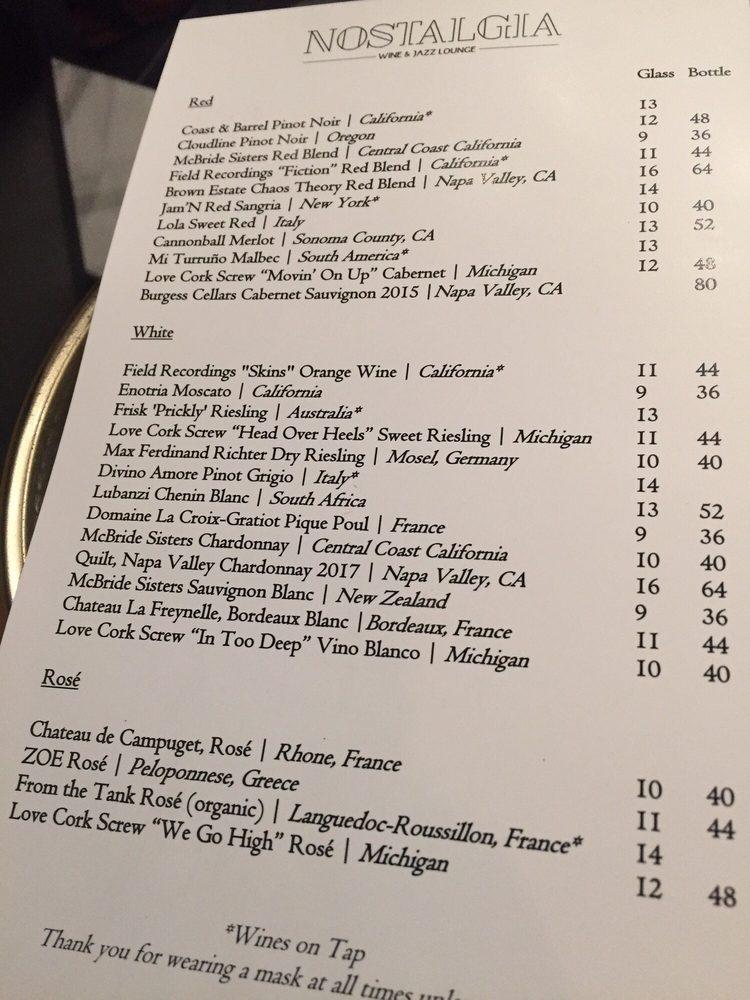 Menu at Nostalgia Wine & Jazz Lounge pub & bar, Cincinnati