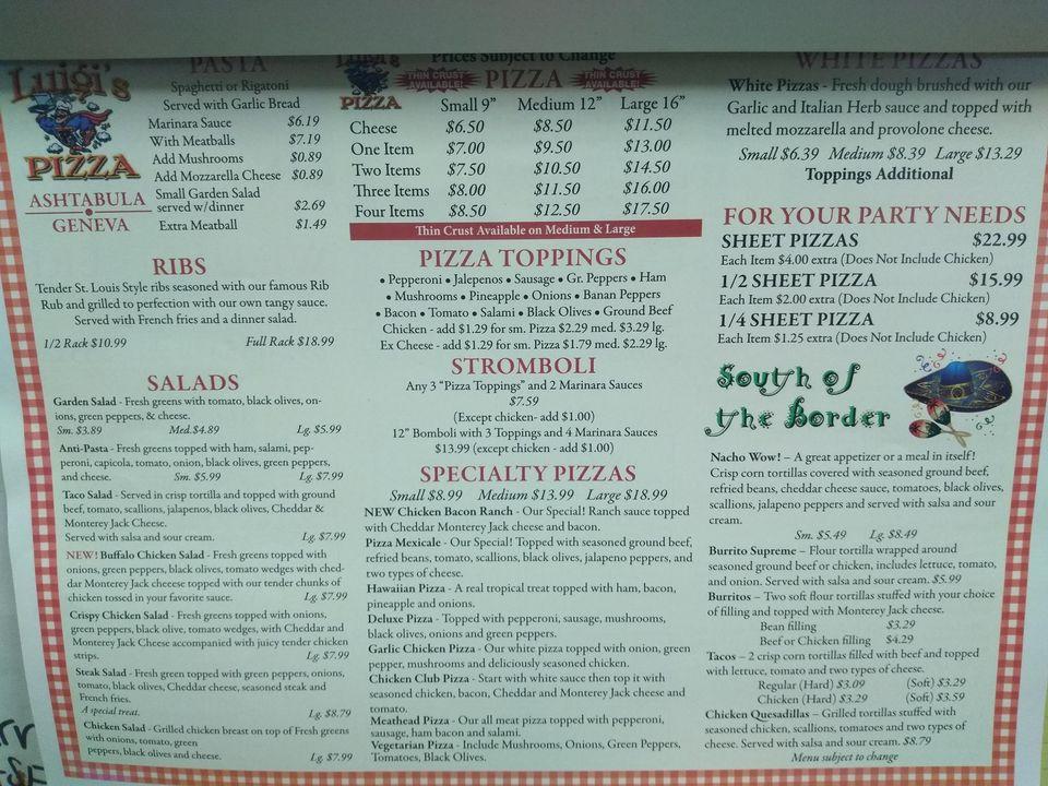 Menu at Luigi's Pizza pizzeria, Geneva