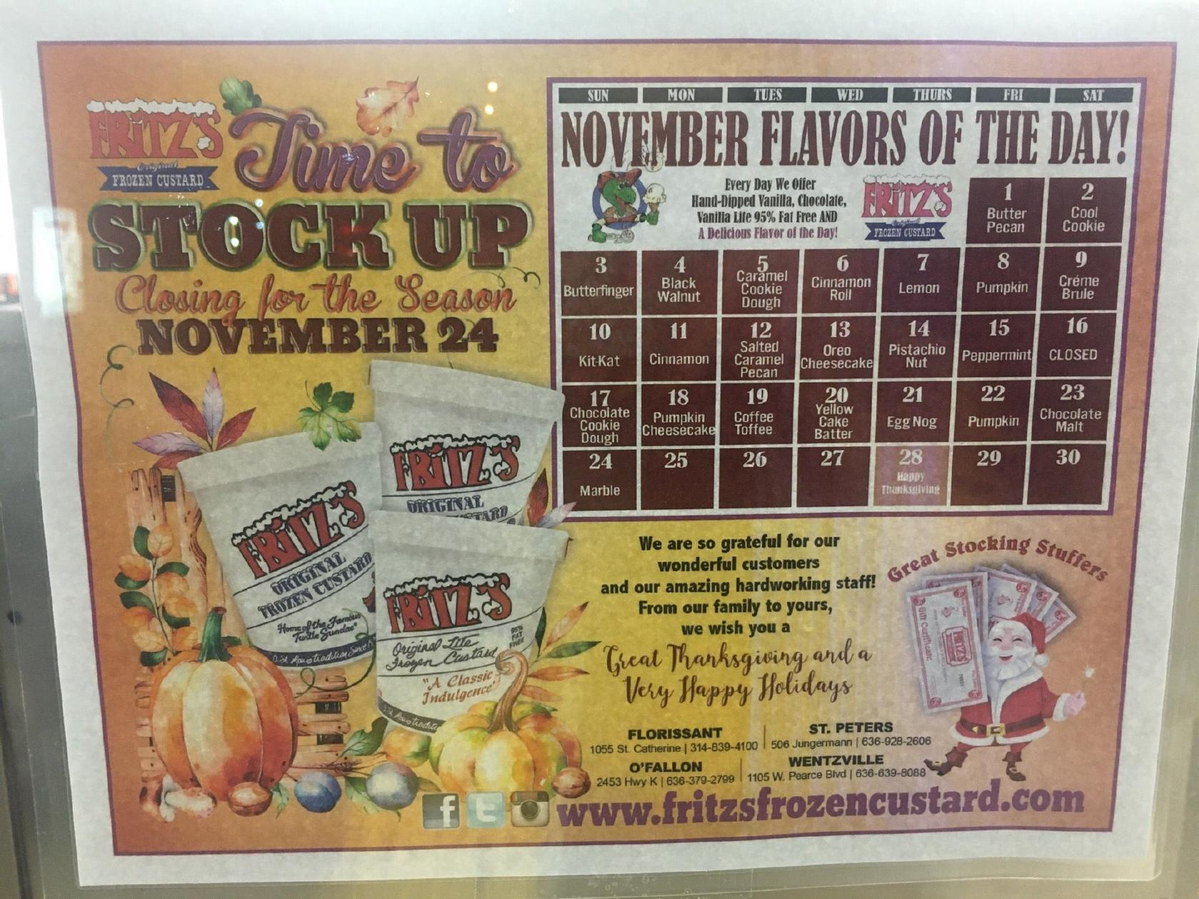 Menu at Fritz's Frozen Custard desserts, Wentzville