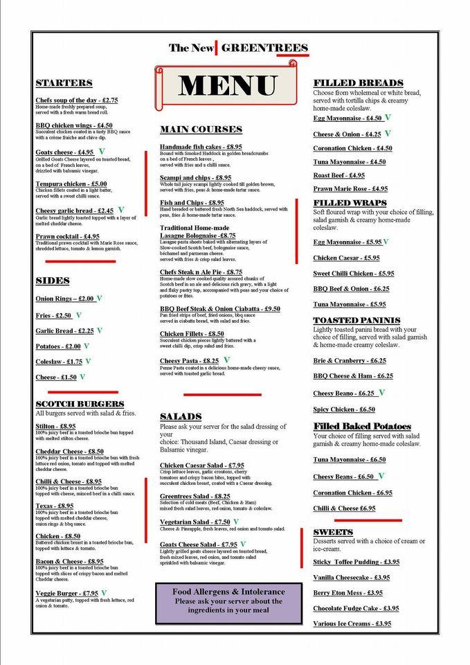 Menu at The New Greentrees pub & bar, Aberdeen