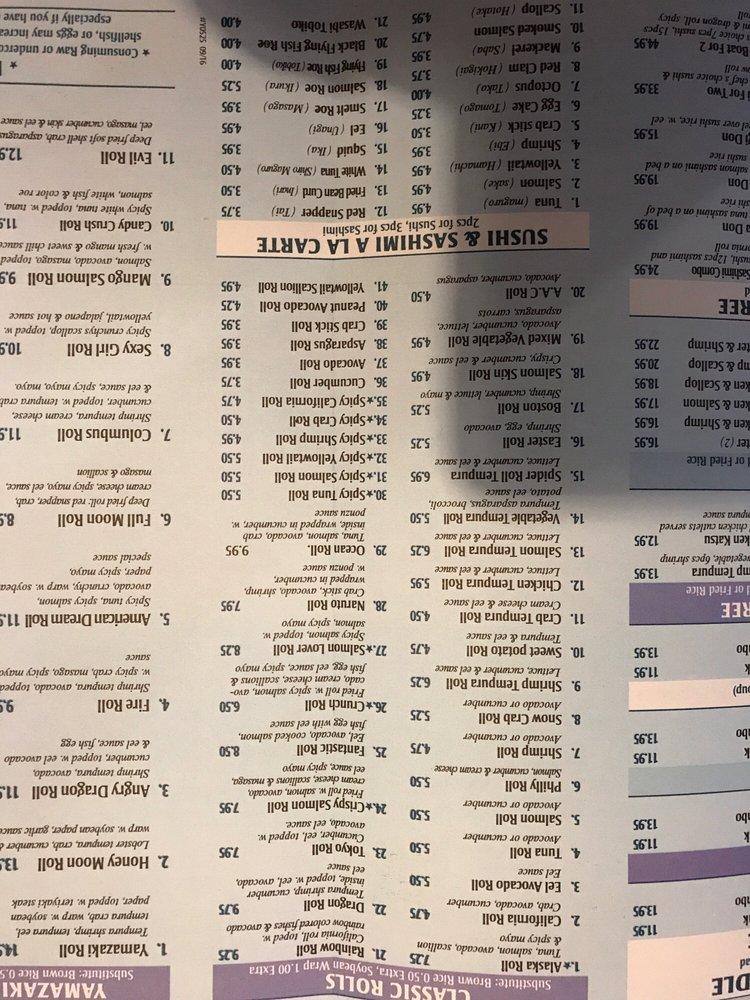 Menu at Yamazaki Sushi and Hibachi restaurant Columbus