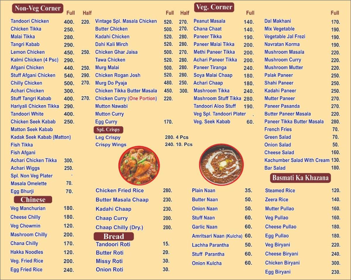 Menu at Vintage Zaika, Kurukshetra