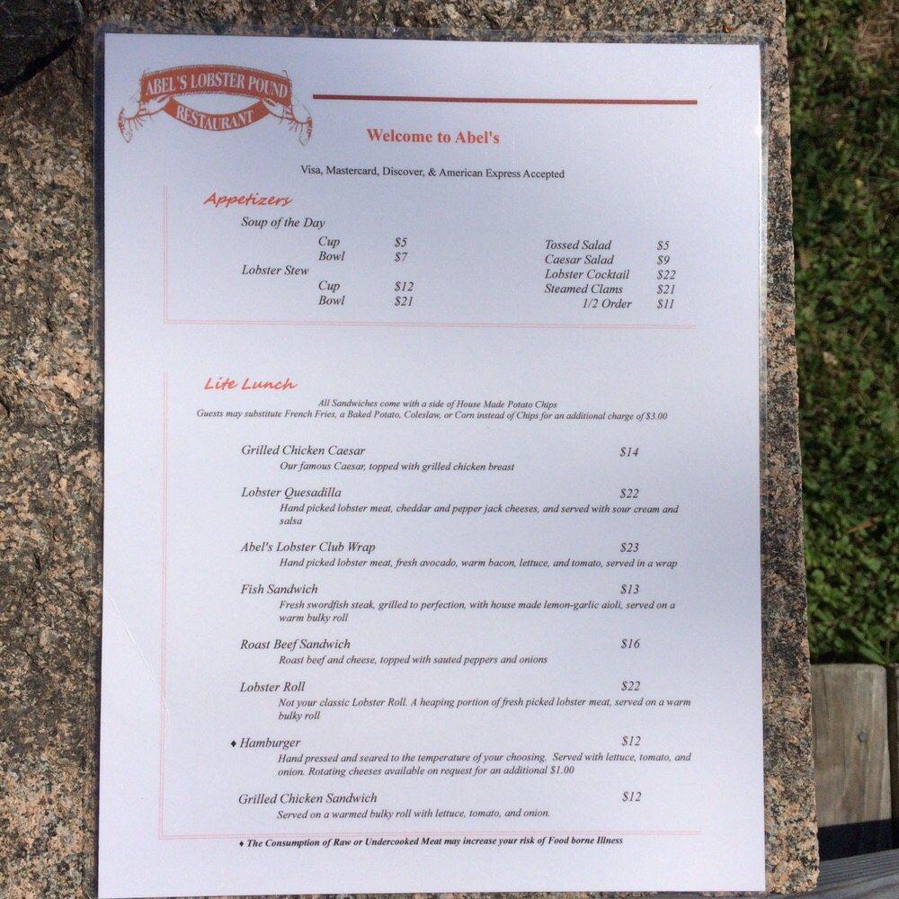 Menu at Abel's Lobster restaurant, Mount Desert