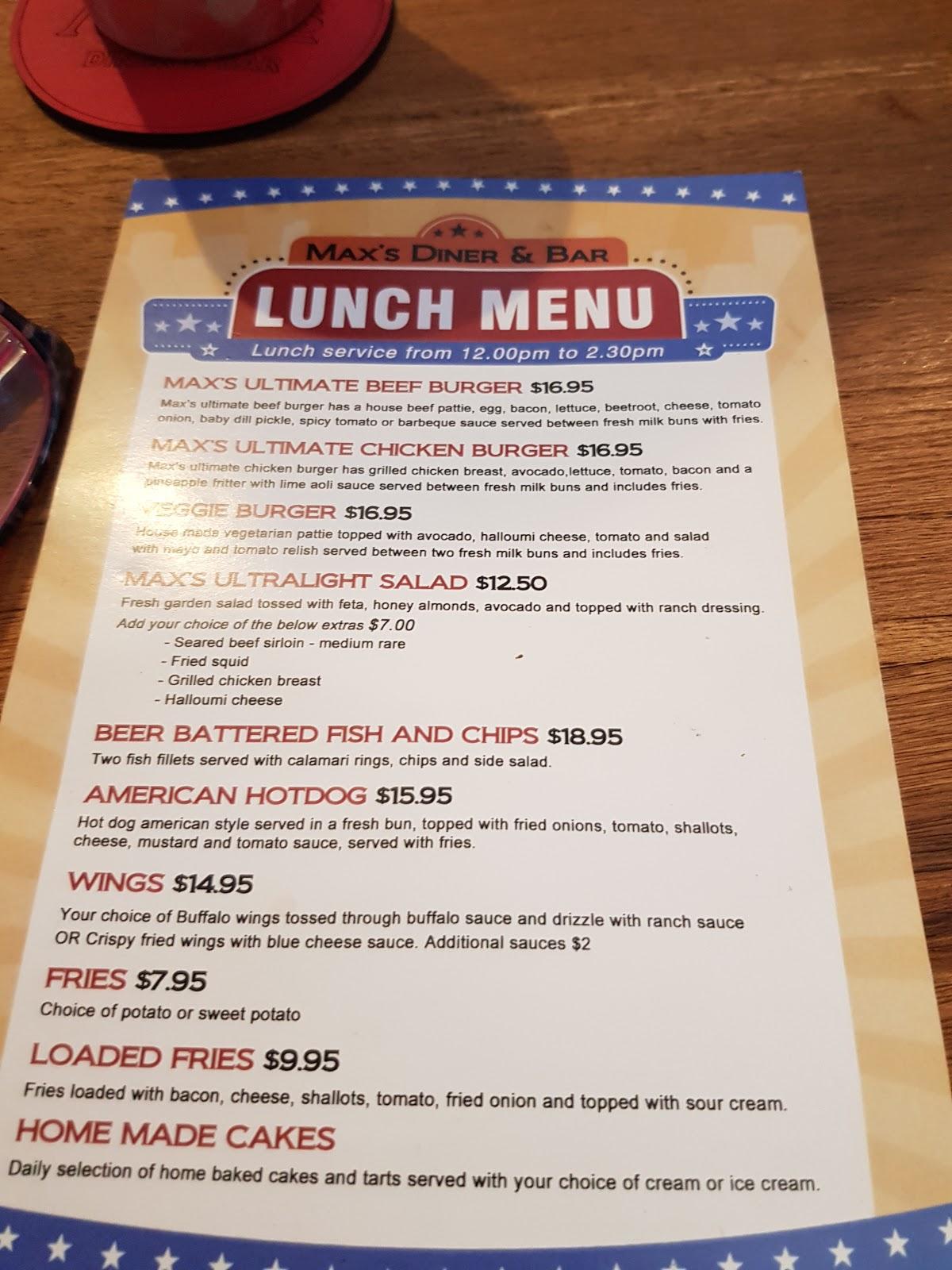 Menu at Max's Diner and Bar, Narangba