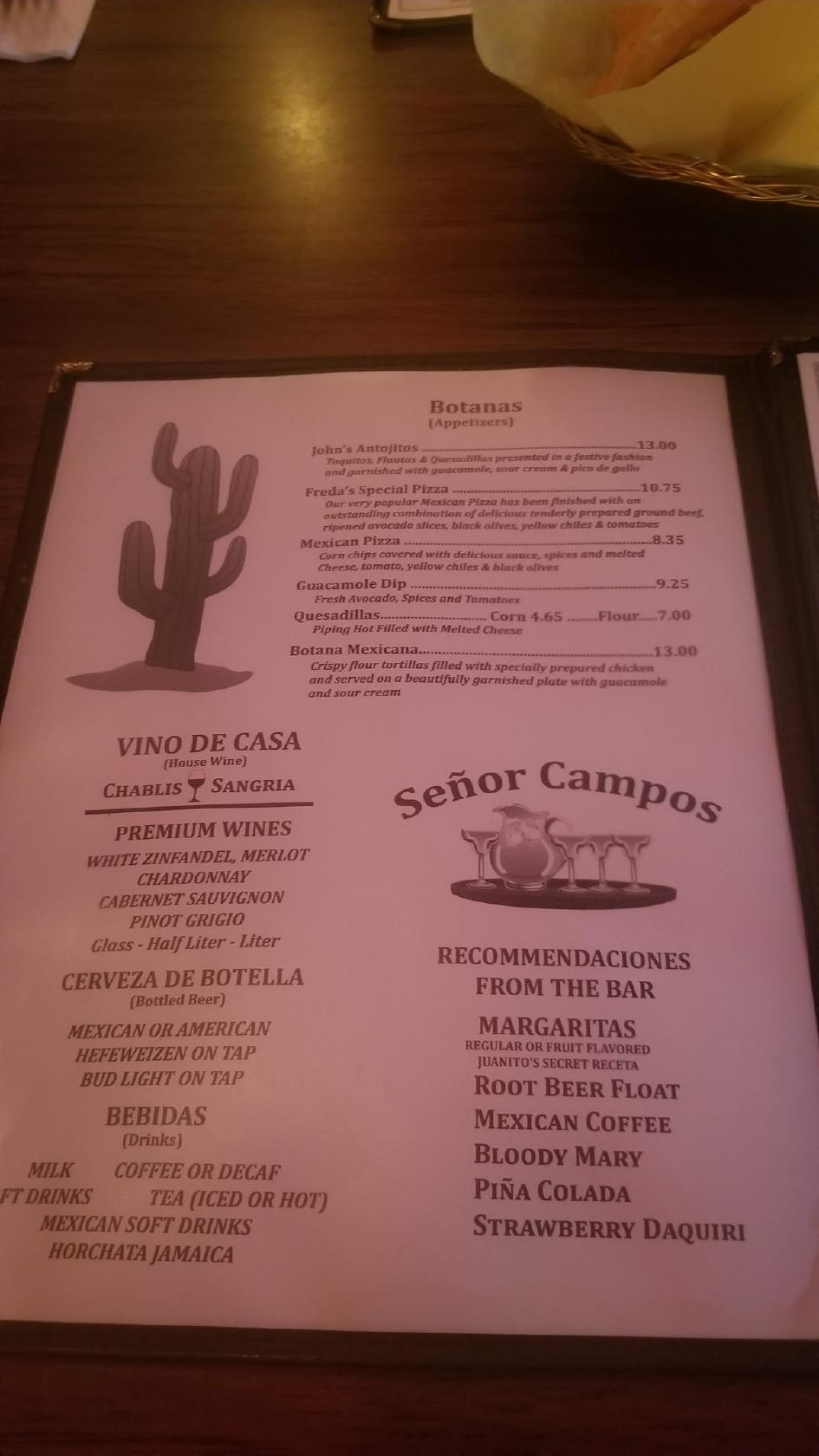 Menu at Señor Campos restaurant, La Habra