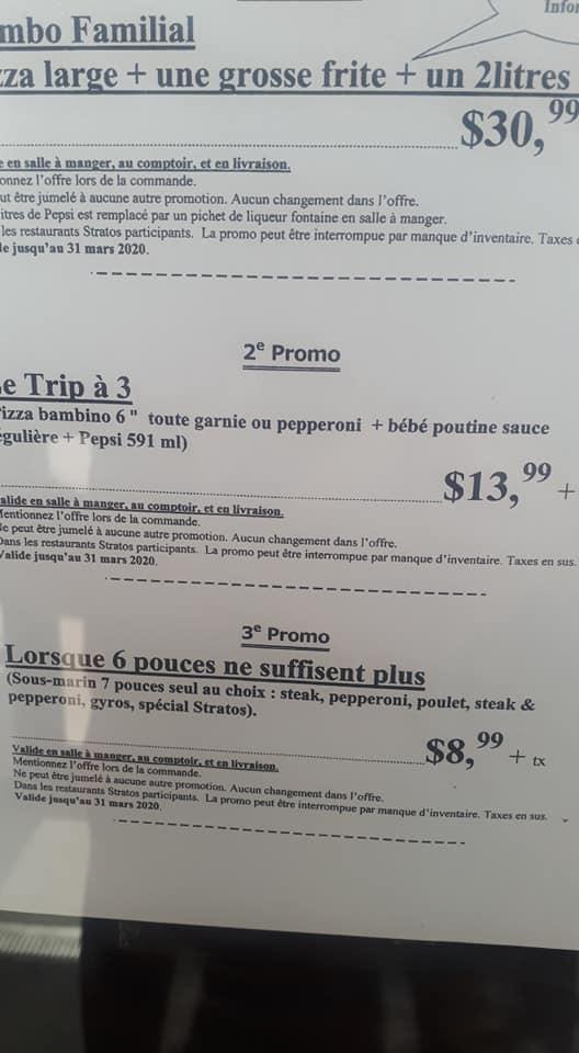 Menu at Stratos Pizzeria, SainteMarthesurleLac