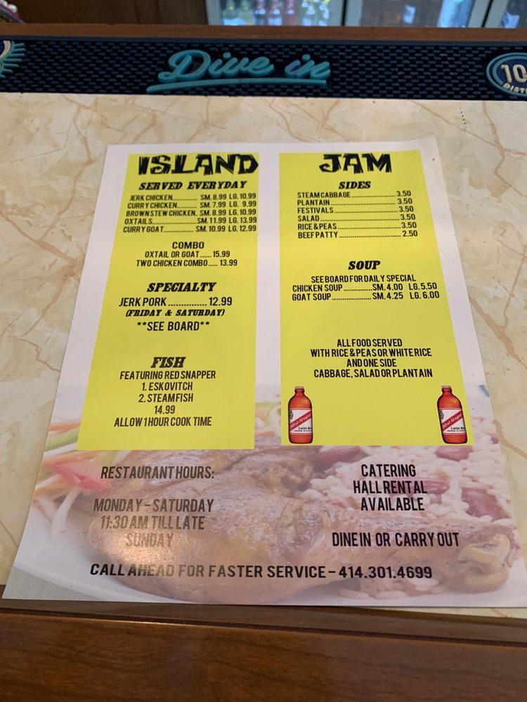 Menu at Island Jam restaurant, South Milwaukee