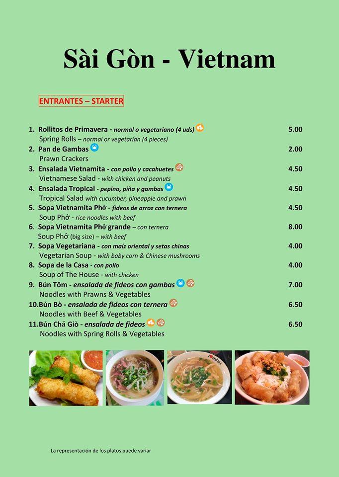 Menu at Saigon Vietnam restaurant, Fuengirola