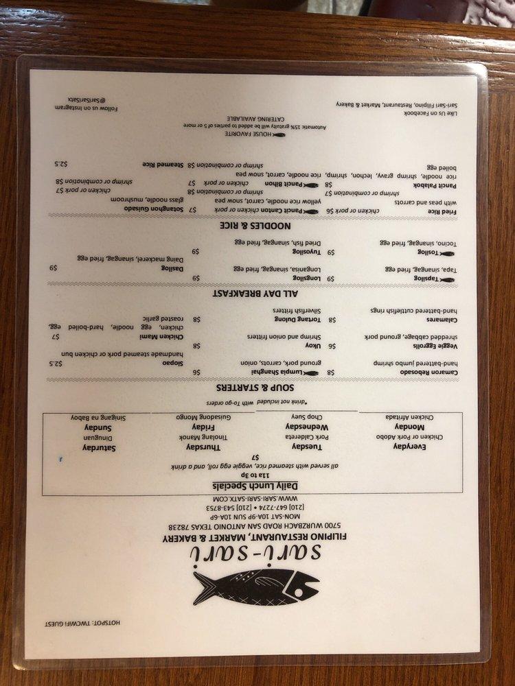 Menu at SariSari Filipino Restaurant, Market, & Bakery, San Antonio
