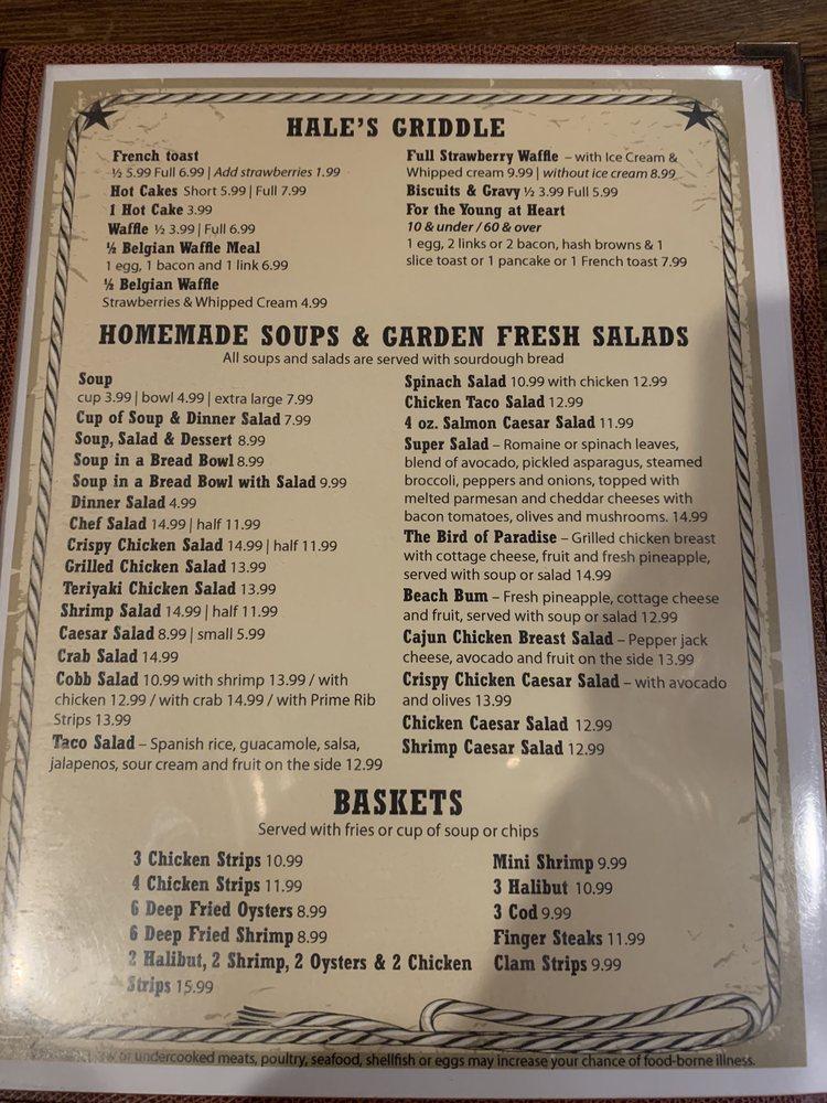 Menu at Hale's Tavern steakhouse, Hermiston