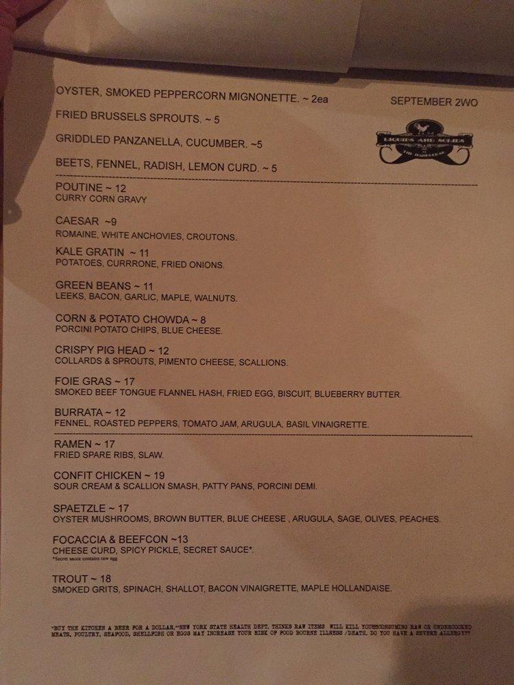 Menu at Liquids and Solids at the Handlebar, Lake Placid