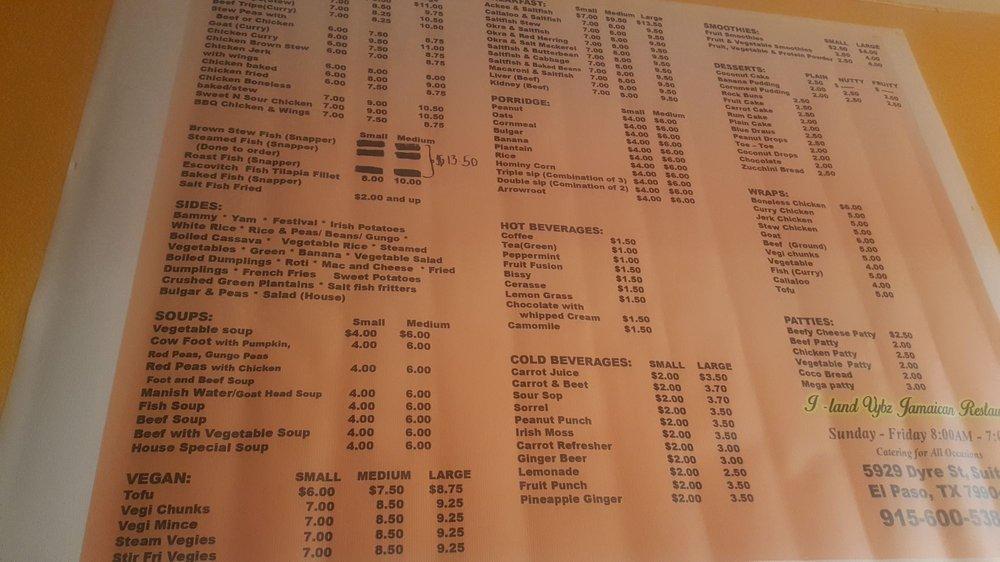 Menu At I Land Vybz Jamaican Restaurant El Paso