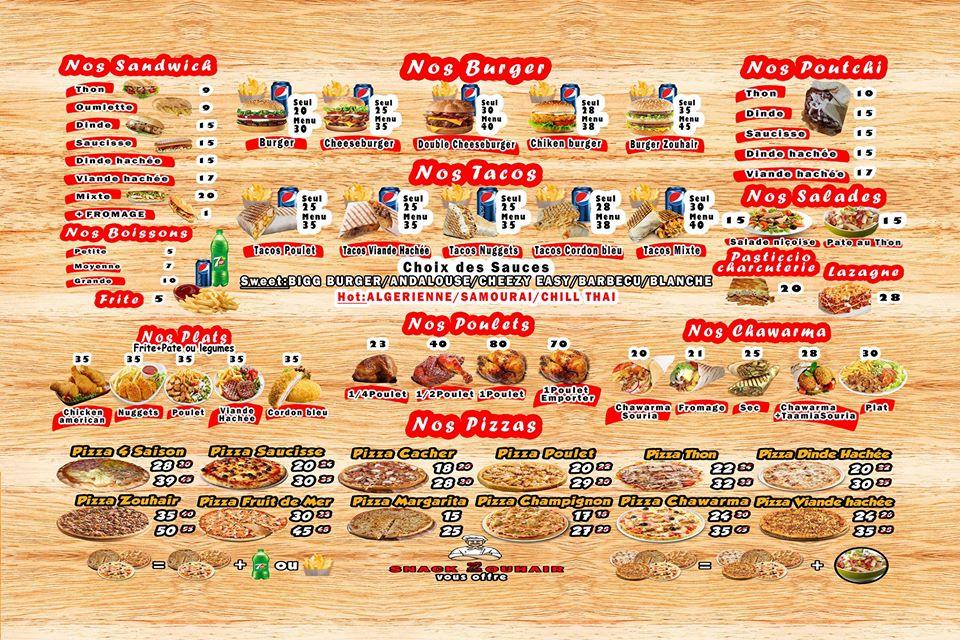 Menu au Snack Zouhair fast food, Casablanca