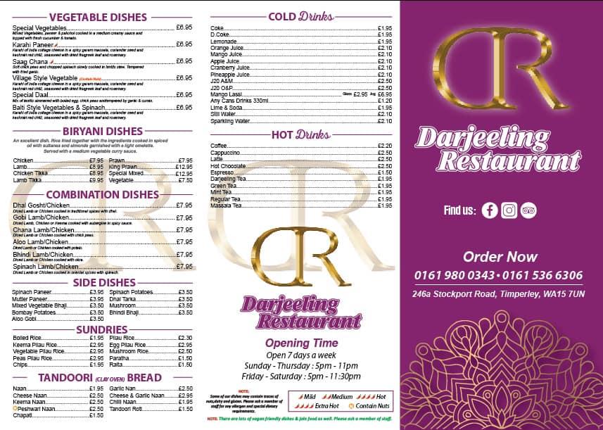 Menu at Darjeeling Indian Restaurant, Timperley, Altrincham