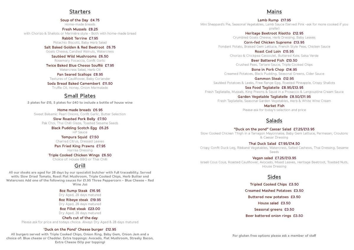 Menu at Duck on the Pond Long Itchington pub & bar, Southam, The Grn