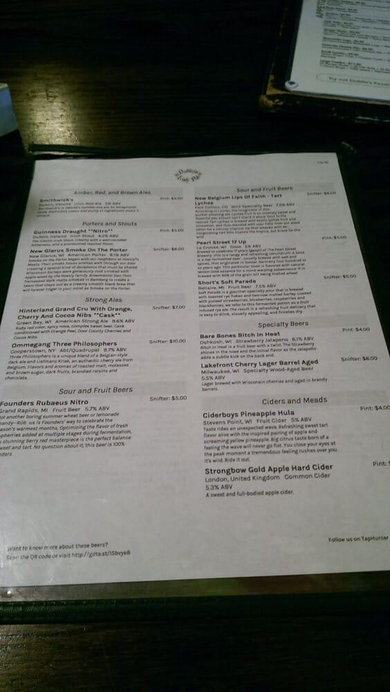 Menu at Dublin's Irish Pub, Oshkosh