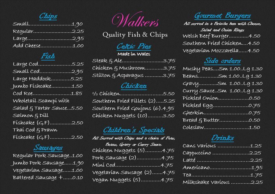 Menu at Walker's Quality Fish & Chips restaurant, Aberdyfi