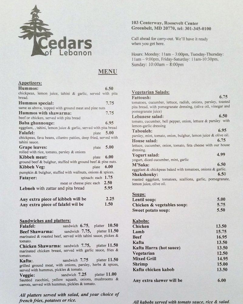 Carta del restaurante Cedars of Lebanon, Greenbelt