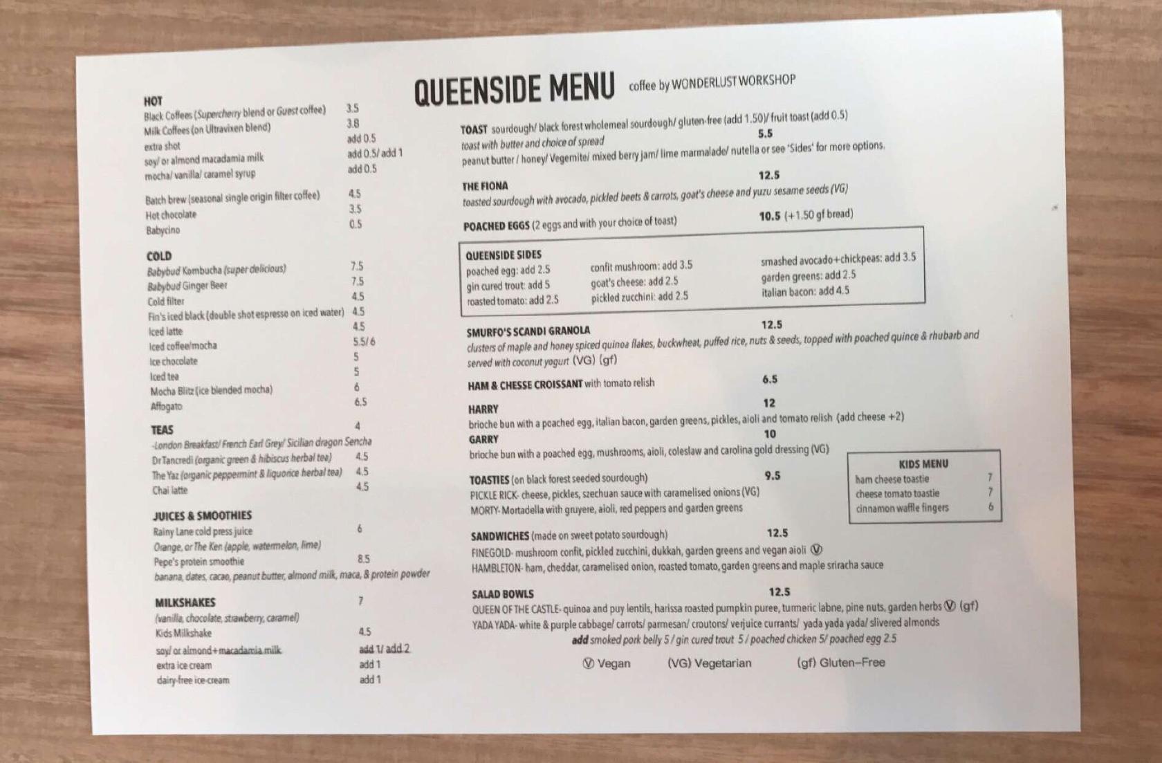 Menu at Queenside cafe, Dulwich Hill