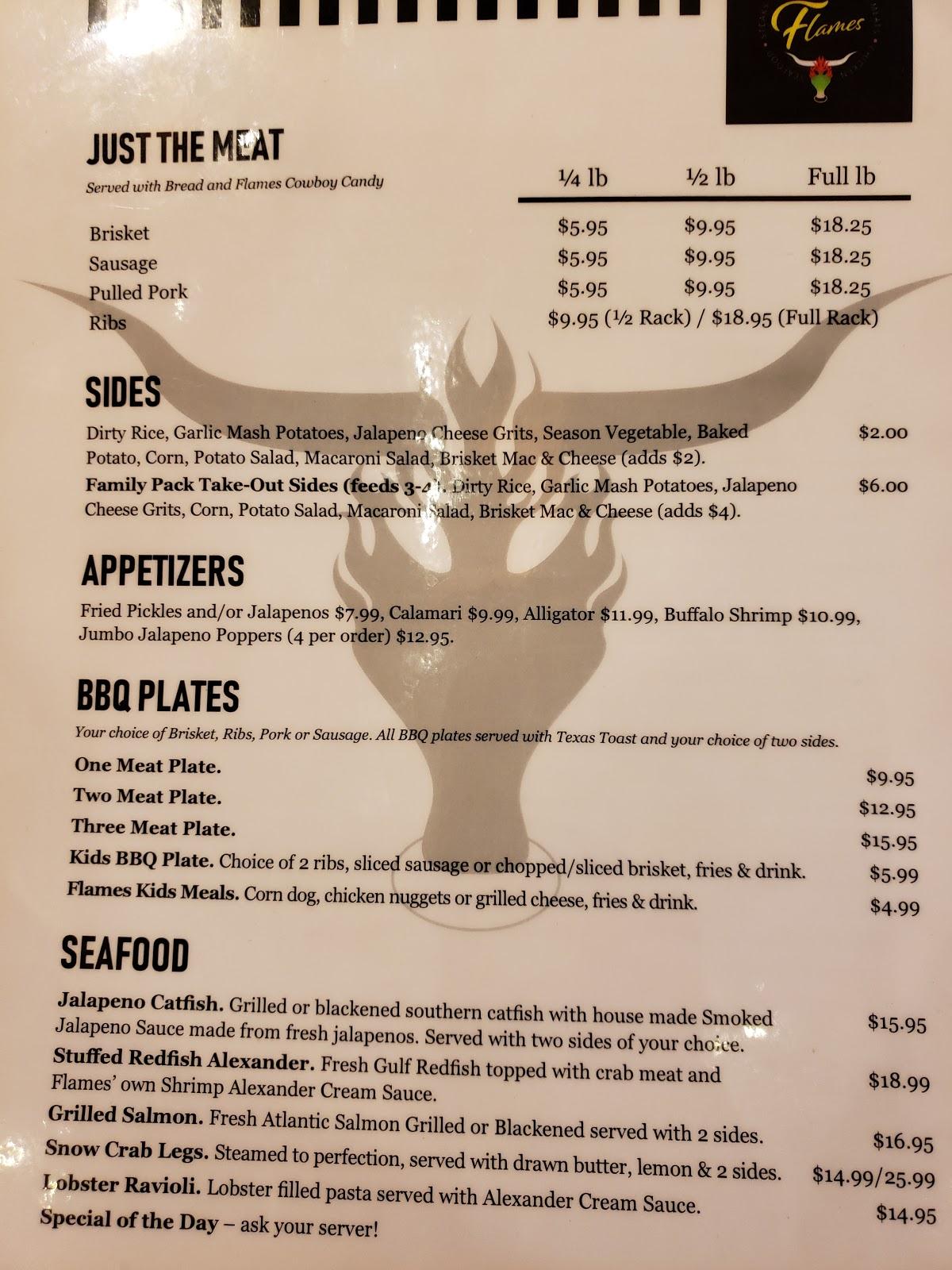 Menu at Flames Barbecue, Azle