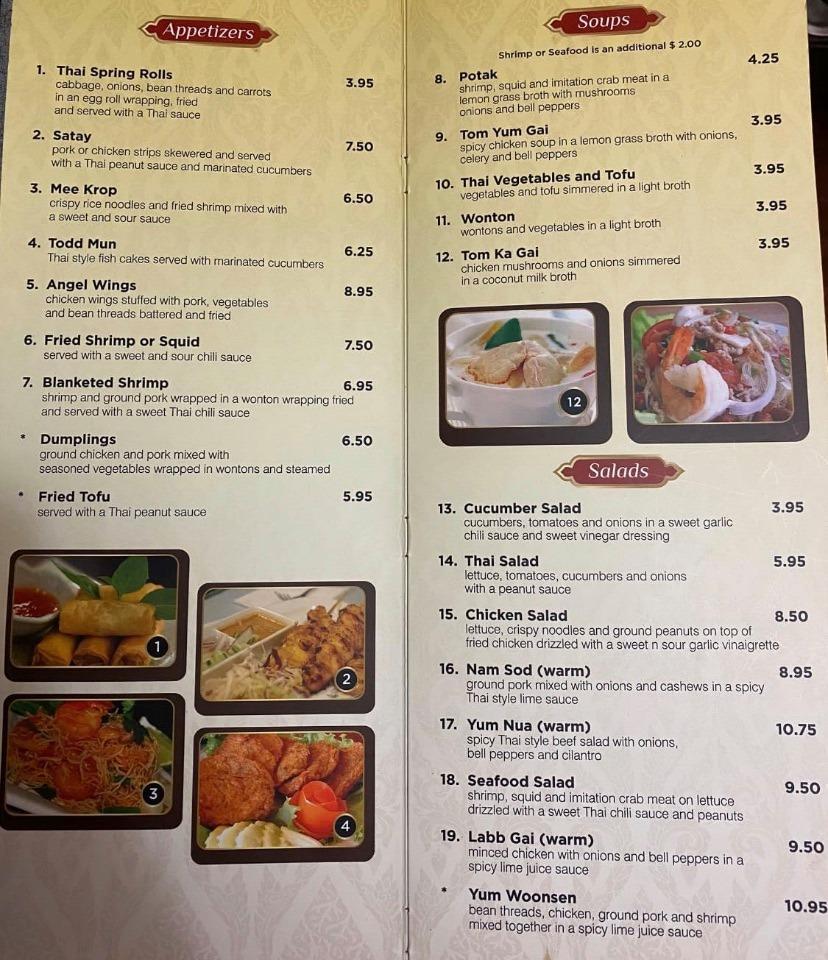 Menu at Thai House restaurant, Sebring