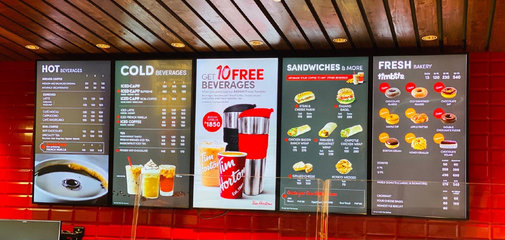 Menu at Tim Hortons cafe, Santa Rosa, Vista Mall