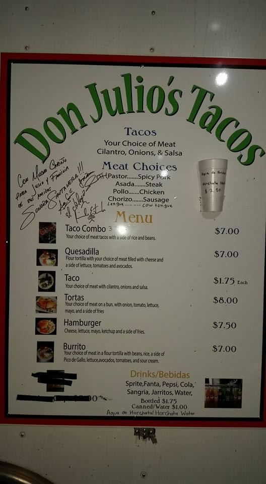 Menu at Don Julios Tacos restaurant, Muskogee