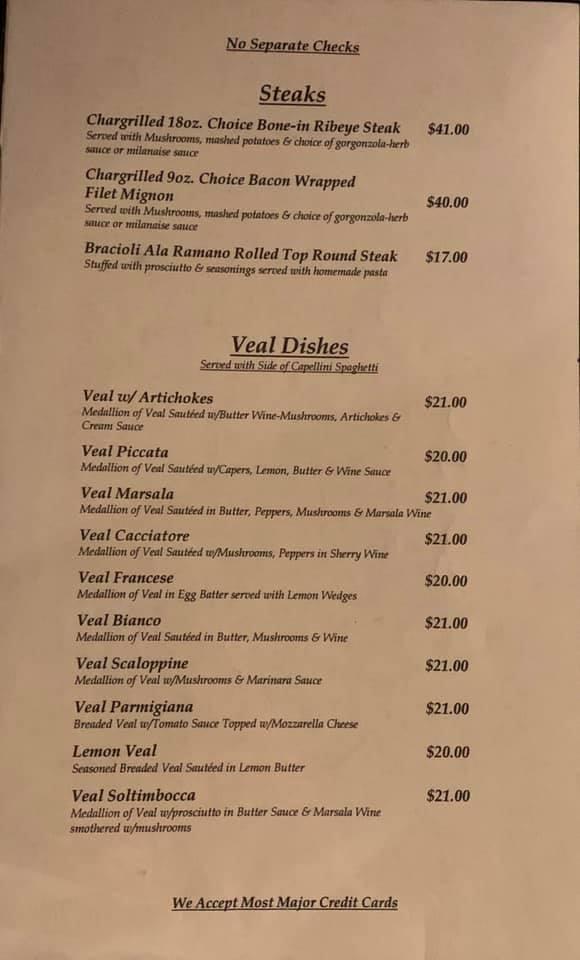 Menu at Oaks Inn restaurant, Endicott