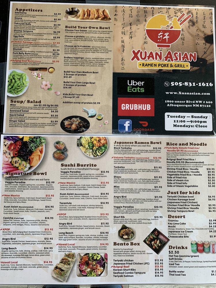Menu at Xuan Asian restaurant, Albuquerque