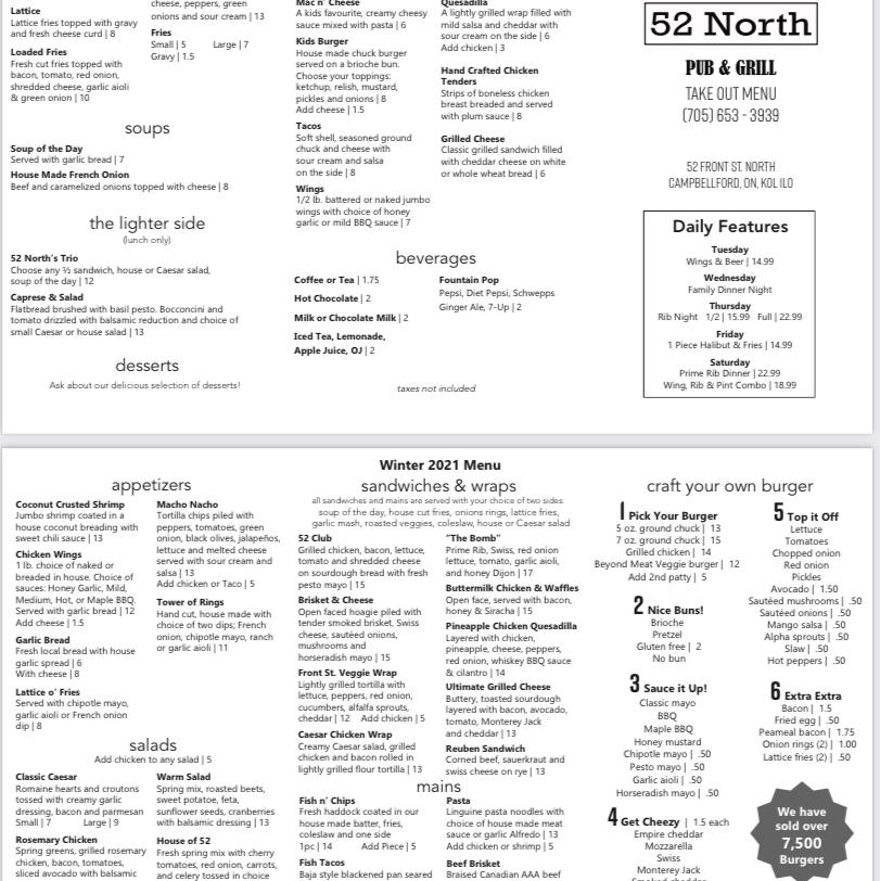 Menu at 52 North Pub & Grill, Campbellford