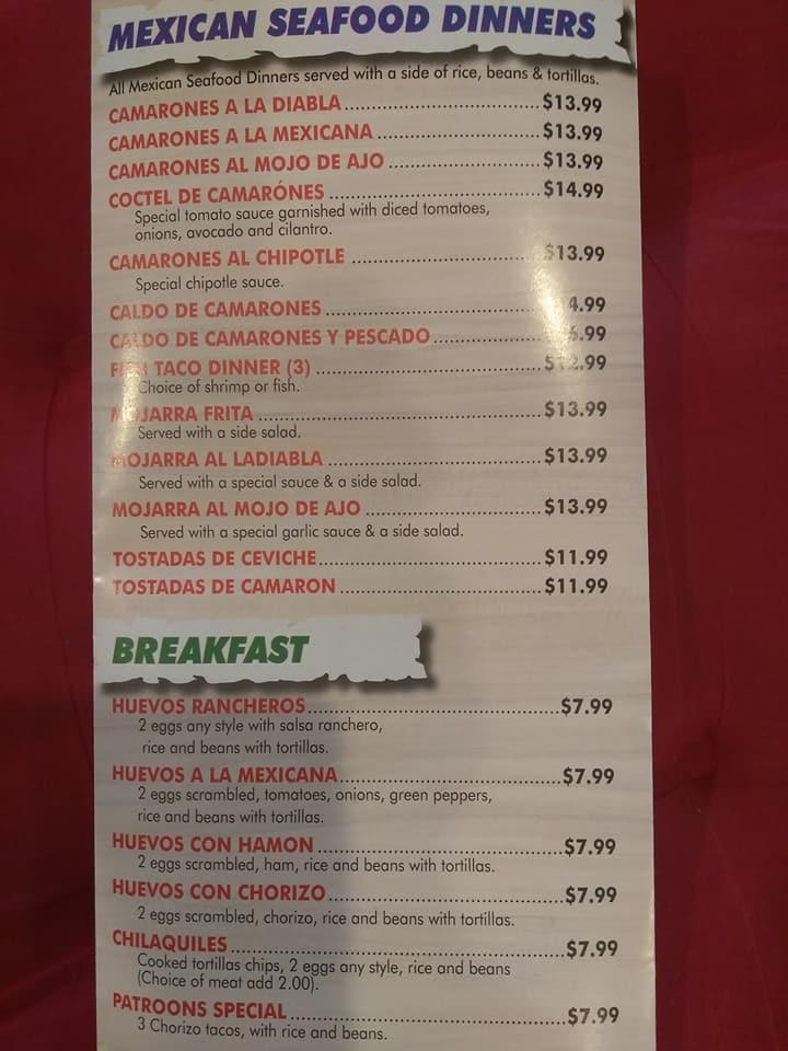 Menu at The Patroons Mexican Restaurant, McHenry